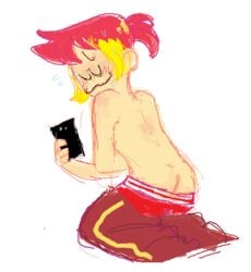 1boy ass blush embarrassed eyes_closed fan_(ii) femboy from_behind human humanized inanimate_insanity kint kinto-bean kneeling male male_only object_shows pants_down phone red_hair solo topless white_background