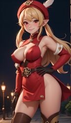 1girls ai_generated blonde_hair blush cleavage clothing cortezian_generations female genshin_impact gloves hand_on_hip hard_nipples hi_res klee_(genshin_impact) patreon red_dress red_eyes smile solo thighs