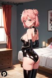 ai_generated ass bangs bare_shoulders bed bedroom black_gloves black_leotard black_thighhighs blush breasts curtains elbow_gloves female gloves hair_bun indoors latex latex_gloves latex_legwear leotard looking_at_viewer looking_back medium_breasts my_teen_romantic_comedy_snafu pikkiwynn pink_hair red_eyes shiny shiny_clothes short_hair single_hair_bun smile solo thighhighs thighs window yuigahama_yui