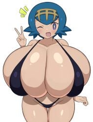 1girls alternate_breast_size bikini blue_eyes blue_hair blush female female_only gigantic_breasts hairband hyper hyper_breasts jaga334 lana_(pokemon) open_mouth pokemon short_hair simple_background skindentation solo white_background wink