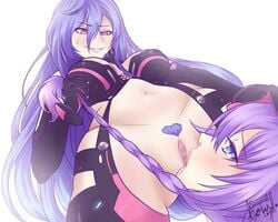 2girls big_breasts black_clothing blue_eyes braid breasts cpu_(neptunia) cunnilingus domination dominatrix escapist_howl eyelashes female female_only female_pubic_hair femdom goddess hair_grab hair_pull half-closed_eyes heart holding holding_hair iris_heart long_hair looking_down looking_up multiple_girls neptune_(neptunia) neptunia_(series) oral pet pink_eyes plutia pubic_hair pulling_hair purple_eyes purple_hair purple_heart_(neptunia) pushing pushing_head_towards_cunnilingus pussy slave smile sweat text twintails watermark yuri