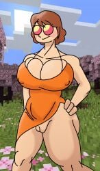 1girls big_breasts cleavage dress exposed_pussy eyewear glasses mcyt minecraft minecraft_youtubers nipples_visible_through_clothing no_panties sakura_tree smile squiddo_(mcyt) youtuber