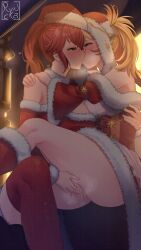 2girls alternate_costume anna_(fire_emblem) ass bare_legs bare_shoulders big_ass blonde_hair blue_eyes blush boots christmas christmas_outfit detached_sleeves door dress drooling female female_only fingering fingering_partner fire_emblem fire_emblem_awakening fire_emblem_heroes hat hug indoors kissing legs lissa_(fire_emblem) lissa_(winter)_(fire_emblem) long_sleeves looking_at_another medium_hair multiple_girls night nintendo no_panties official_alternate_costume pussy red_eyes red_hair ryncka saliva saliva_trail short_hair shoulders steamy_pussy thick_thighs twintails upskirt vaginal_penetration yellow_hair yuri