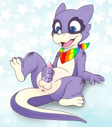 anthro anus balls blue_eyes bodily_fluids countershading cum cum_on_hand facial_horn genital_fluids genitals hi_res horn kerchief kobold lying male masturbation multicolored_kerchief nose_horn on_back paws penile penile_masturbation penis purple_body purple_scales rainbow_kerchief rainbow_neckerchief scales solo tapering_penis xenoyia xenoyia_(artist)