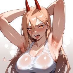 1girl ai_generated alternate_breast_size armpits arms_behind_head arms_up blonde_hair blush breasts chainsaw_man cleavage clothing collarbone covered_nipples cross-shaped_pupils demon_horns female gradient_background hair_between_eyes horns large_breasts long_hair looking_at_viewer lunaart open_mouth orange_eyes power_(chainsaw_man) presenting_armpit red_horns see-through sharp_teeth shirt simple_background solo steam steaming_body sweat sweaty_clothes symbol-shaped_pupils tank_top teeth tongue tongue_out upper_body v-shaped_eyebrows wet wet_clothes wet_shirt white_background white_shirt white_tank_top yellow_eyes