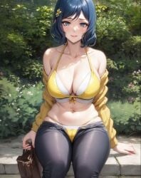 ai_generated big_breasts bikini blue_hair gundam gundam_build_fighters iori_rinko milf outside sitting_down smiling_at_viewer unbuttoned_pants