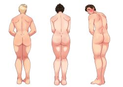 3boys ass blonde_hair_male blush bubble_butt completely_nude covering_crotch embarrassed embarrassed_nude_male enm looking_back male male_only marmotap nude tagme