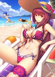 beach breast_press breasts cleavage corgi cu_chulainn_(fate) dog drink drinking fate/grand_order fate_(series) hat large_breasts looking_at_viewer purple_hair red_eyes scathach_(fate) scathach_(swimsuit_assassin) shiny_skin summer swimsuit