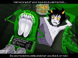 barefoot feet homestuck horns imminent_tickling jimbobadob karkat_vantas male male_only mechanical_arm pale_skin restrained tagme tickle_fetish tickling tickling_machine yellow_eyes