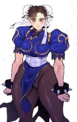 1girls blush brown_eyes brown_hair bun_cover capcom chinese_clothes chun-li female female_only fully_clothed hi_res looking_at_viewer pantyhose rins_titties solo spiked_bracelet street_fighter thick_thighs twin_buns white_background