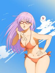 annyeong0369 beach bikini blowing_kiss cleavage female female_only gintama glasses hand_on_hip hourglass_figure lavender_hair light_purple_hair long_hair looking_at_viewer medium_breasts mole_under_eye official_alternate_costume orange_bikini purple_eyes purple_hair red-framed_eyewear sarutobi_ayame solo spoken_heart swimsuit wide_hips