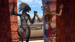 16:9 3_fingers 3d_(artwork) alien anthro arm_feathers arm_quills ass avian avian_caruncle bottomwear breasts clothed clothing dancing digital_media_(artwork) digitigrade duo eye_contact feather_hair feathered_crest feathers female female/female fingers grey_body grey_feathers halo_(series) hand_holding head_crest hi_res ibie'shan jewelry kig-yar loincloth loincloth_only looking_at_another maaarked_one microsoft necklace nipples non-mammal_breasts one_leg_up pseudo_hair pupils quill_hair raised_hand raised_leg scalie short_tail slit_pupils standing t'vaoan tail tan_body thigh_gap topless translucent translucent_clothing widescreen xbox_game_studios yellow_eyes