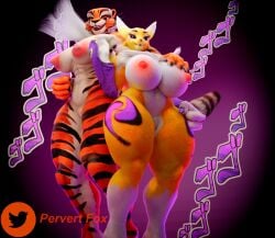 2girls 3d 3d_(artwork) big_breasts blender breasts digimon digimon_tamers furry jojo_reference kung_fu_panda master_tigress muscular muscular_female nude nude_female pervert99 renamon renamon_(pictisculpts)