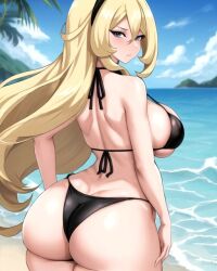 ai_generated beach big_ass big_breasts big_butt bikini black_bikini bored_expression bubble_butt cynthia_(pokemon) disinterested looking_at_viewer micro_bikini pokemon