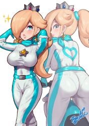 1girls ass bodysuit breasts clothing crown female female_focus female_only hair human jpeg lipstick mario_(series) mario_kart nintendo panties_visible_through_clothing pantylines princess_rosalina signature solo sparkles tagme white_background yamino_ekakinin