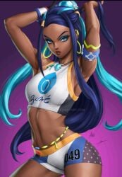 1girls 2023 abremson adjusting_hair arms_up artgerm artist_signature athletic athletic_female blue_eyes blue_hair brown-skinned_female brown_body brown_skin collar crop_top dark-skinned_female dark_skin deviantart_link earrings female gym_leader hoop_earrings makeup midriff nessa_(pokemon) nintendo pokemon pokemon_ss shaved_armpit short_shorts shorts solo topwear two_tone_body waist_beads