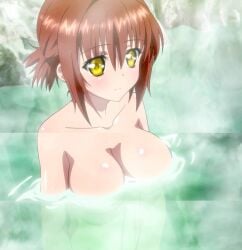 1girls absolute_duo big_breasts breasts brown_hair hot_spring hotaka_miyabi huge_breasts naked screencap screenshot water yellow_eyes