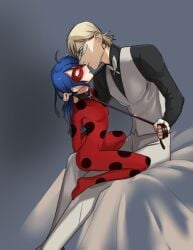 1boy 1girls blonde_hair blue_hair bondage boy_on_top eye_markings felix_(miraculous_ladybug) female kiss kissing ladybug_(character) leash leash_pull male maledom marinette_cheng marinette_cheng_(pv) marinette_dupain-cheng masked miraculous_ladybug skinsuit suit superhero superheroine tagme_(artist) unknown_artist