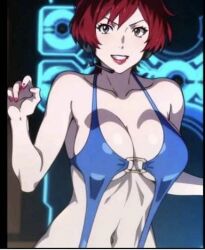 1girls ai_generated big_breasts bikini breasts female gundam gundam_build_fighters lipstick neneka_corps nenene red_hair screenshot short_hair skimpy sling_bikini slingshot_swimsuit tagme