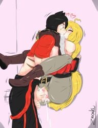 1boy 1girls against_wall black_hair blonde_female blonde_hair breasts breasts_against_chest half-dressed hands_around_neck jin_satou kissing legs_around_waist original_character penetration rwby scar_across_eye scars sex yang_xiao_long zronku