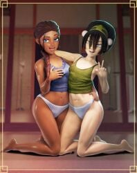 2girls 3d avatar_legends avatar_the_last_airbender braided_ponytail chocolate_and_vanilla crisisbeat dark-skinned_female duo duo_focus earth_kingdom female female_focus female_only hair_ornament katara pale-skinned_female pose posing tied_hair toph_bei_fong water_tribe