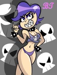 benthelooney hi_hi_puffy_amiyumi looking_at_viewer posing purple_hair purple_panties purple_tank_top sharp_teeth small_breasts smiling spiked_collar thighs yumi