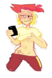 1boy aroused belly blush erection fan_(ii) femboy humanized inanimate_insanity kint kinto-bean kneeling male male_only object_shows penis penis_peek phone sexting shirt_lift smile solo white_background