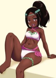 1girls arm_support barefoot bikini black_hair dark-skinned_female dark_skin female female_only fire_emblem fire_emblem_engage happy head_wreath high_ponytail knee_up leaning_back looking_at_viewer navel nintendo official_alternate_costume open_mouth ponytail red_eyes sitting solo star-shaped_pupils star_(symbol) swimsuit symbol-shaped_pupils timerra_(fire_emblem) vierosky white_bikini white_swimsuit