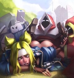 ass doggy_style green_hair league_of_legends league_of_legends:_wild_rift losing_fight minion_(league_of_legends) mmf_threesome on_ground weak zeri_(league_of_legends)