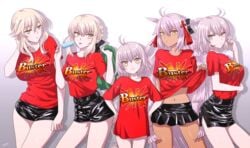 5girls artoria_pendragon artoria_pendragon_(alter) artoria_pendragon_(lancer_alter) blue_popsicle dark-skinned_female dark_skin eating fate/grand_order fate_(series) female_only holding_popsicle jeanne_alter jeanne_d'arc_(alter_santa_lily) leather_shorts leather_skirt lineup looking_at_viewer miniskirt okita_souji_(alter)_(fate) popsicle shorts skirt t-shirt tongue_out type-moon white_hair yellow_eyes