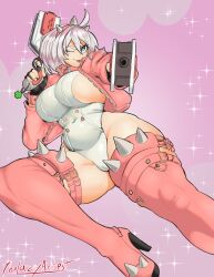 1girls 2020s 2024 2d 2d_(artwork) 5_fingers :p belt belt_buckle big_breasts big_thighs blue_eyes breasts cameltoe child_bearing_hips clothed clothing elphelt_valentine female female_focus female_only fingerless_gloves guilty_gear guilty_gear_strive gun hi_res high_heel_boots high_heels highres hips large_thighs leotard navel pink_high_heels pistol short_hair sideboob solo solo_female solo_focus sparkles spiked_thigh_highs thelazyartest thick_thighs thighs tongue tongue_out white_hair white_leotard wide_hips