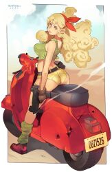 1girls 2023 anime ass bad_launch blonde_hair breasts brown_gloves brown_handwear clothed clothed_female clothing dragon_ball female female_only firearm gloves green_eyes green_tank_top gun handgun handwear head_ribbon headwear human human_only launch looking_at_viewer looking_back lunch_(dragon_ball) machine_gun machine_pistol motorcycle norasuko outdoors pale_skin red_headwear red_ribbon ribbon scooter tank_top vehicle vespa_(vehicle) weapon