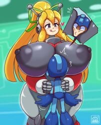 between_breasts brother_and_sister capcom clothed height_difference helmet huge_breasts hyper_roll ichduhernz incest marvel_vs._capcom mega_man mega_man(classic) mega_man_(character) nipples robot roll siblings taller_girl tongue_out