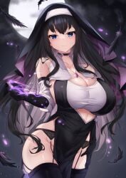 bare_shoulders black_hair blue_eyes blush breasts choker cleavage deogho_(liujinzy9854) dress female_only large_breasts long_hair looking_at_viewer magic moon night nun official_art original pelvic_curtain sky solo thighhighs