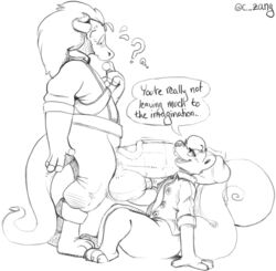 ? anthro ball_fondling balls big_balls bottomless clothed clothing dialogue duo english_text erection fondling greyscale huge_balls humanoid_penis hyper hyper_balls hyper_penis male mammal monochrome nargleflex penis scalie sitting skull_mask skunk slightly_chubby smile text vein yaoi