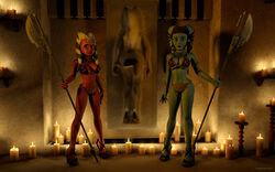 2girls 3d aayla_secura ahsoka_tano alien alien_girl armband artist_name bare_shoulders big_breasts blue_eyes blue_skin bracer busty candle choker cleavage clone_wars curvy detailed_background eyelashes female female_only fire front_view headgear high_heels holding_object hourglass_figure humanoid indoors inside jabba's_palace jedi jedi_master jedi_padawan kondaspeter looking_at_viewer mammal marking metal_bikini midriff multiple_females multiple_girls open_toe_shoes orange_skin pose posing room sandals shadow shiny shiny_skin shoes slave_ahsoka slave_bikini spread_legs spreading standing star_wars tatooine togruta twi'lek vibro_axe voluptuous weapon wide_hips yellow_eyes