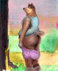 anthro ass bd bear big_butt brown_fur clothed clothing colorful fur legwear looking_at_viewer male mammal pants_down partially_clothed pastel_(artwork) peeing pencil_(artwork) shirt slightly_chubby smile socks solo tank_top traditional_media_(artwork) urine