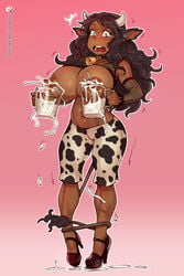 1girls animal_ears areola areolae bbc-chan big_breasts blue_eyes breast_milk breasts busty cleavage cow_accoutrements cow_girl cow_horns cow_print cow_tail cowbell crying crying_with_eyes_open dark-skinned_female dark_skin female female_only high_heels horns hucow lactation large_breasts milk moo_bitch nipples solo tears voluptuous