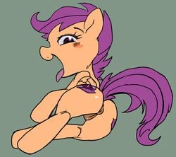 2016 animal_genitalia anus ass baigak blush cutie_mark digital_media_(artwork) equine eyebrows eyelashes feathered_wings feathers female feral friendship_is_magic hair hi_res hooves horse looking_at_viewer mammal my_little_pony open_mouth open_smile pegasus purple_eyes purple_hair pussy scootaloo_(mlp) simple_background smile solo tongue wings young