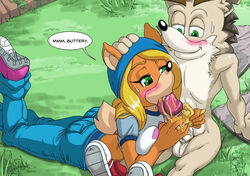 anthro blush brother brother_and_sister butter clothed clothed_sex clothing coco_bandicoot crash_(series) crash_bandicoot duo fellatio female food food_on_penis food_play furry glans glans_licking glansjob hair incest male omegazuel oral oral_sex sex sibling sister straight sweat video_games