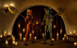 2girls 3d aayla_secura ahsoka_tano alien alien_girl armband artist_name bare_shoulders big_breasts blue_eyes blue_skin bracer busty candle choker cleavage clone_wars curvy detailed_background eyelashes female female_only fire front_view headgear high_heels holding_object hourglass_figure humanoid indoors inside jabba's_palace jedi jedi_master jedi_padawan kondaspeter looking_at_viewer mammal marking metal_bikini midriff multiple_females multiple_girls open_toe_shoes orange_skin pose posing room sandals shadow shiny shiny_skin shoes slave_ahsoka slave_bikini spread_legs spreading standing star_wars tatooine togruta twi'lek vibro_axe voluptuous weapon wide_hips yellow_eyes