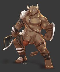 anthro armor axe balls big_muscles blue_eyes bovine brown_fur cattle cum cum_drip dripping fur glans hatchet horn humanoid_penis male male_only mammal melee_weapon mostly_nude muscular muscular_male nipples penis scar shield simple_background unconvincing_armor unknown_artist weapon