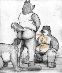 anthro balls bd belly big_belly butt_sniffing canine clothing dirty_socks erection fur group legwear male mammal navel nude overweight peeing pencil_(artwork) penis shaggy_fur shirt sitting slightly_chubby smile sniffing socks standing tank_top traditional_media_(artwork) urine watersports yaoi