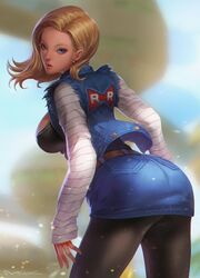 android_18 blonde_hair blue_eyes dat_ass dragon_ball huge_breasts kamiyamark milf short_hair wide_hips