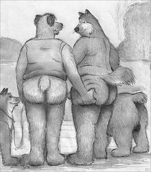 anthro ass balls barely_visible_genitalia bd bear black_and_white butt_grab canine clothing collar erection feral fox fur hand_on_butt humanoid_penis leash looking_at_butt love_handles male mammal monochrome nude pencil_(artwork) penis shirt slightly_chubby smile standing tank_top traditional_media_(artwork) whiskers yaoi