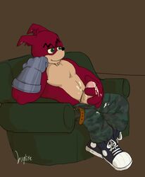 1boy 2018 anthro bandicoot belt big_penis black_nose buglite camouflage_pants clothing couch crash_(series) crunch_bandicoot cum cum_on_body cum_on_clothes cum_on_penis cumshot green_eyes male male_only mammal marsupial masturbation military_pants pants penis red_fur red_hair shoes signature sitting sofa solo thick_penis