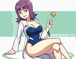 1girls 2016 ass breasts brown_eyes cleavage curvaceous dmy-gfx female gs_ball half-closed_eyes human human_only labcoat large_breasts navel nintendo one-piece_swimsuit pale-skinned_female pale_skin philena_ivy poke_ball pokemon pokemon_professor pokemon_rgby purple_hair scott_bennett short_hair smile solo source_request swimsuit teeth text watermark wide_hips