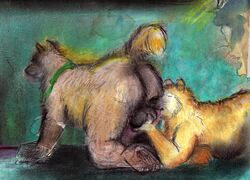 all_fours anthro ass ball_grab ball_lick balls bd brown_fur canine chalk_(artwork) closed_eyes collar duo fur licking male mammal nude oral pastel_(artwork) pawpads pencil_(artwork) penis raised_tail sex slightly_chubby tongue tongue_out traditional_media_(artwork) whiskers yaoi