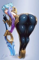 1girls ass bent_over big_ass blue_eyes blue_hair cameltoe chaos_and_order_series dat_ass dawnbringer_riven female female_only gesture gold_heels high_heels huge_ass labatate latex league_of_legends lips pussy riot_games riven skin_tight solo thick_thighs tight_clothing torn_clothes torn_pantyhose