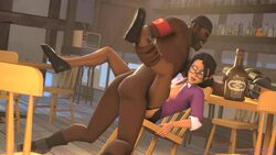 1boy 1boy1girl 1girls 3d alcohol animated areola black_skin breasts chair chair_sex dark-skinned_male dark_skin demoman disheveled duo female fishnet_stockings fishnets glasses interracial large_penis leg_grab male miss_pauling missionary missionary_position naked_footwear naked_with_shoes_on rapetacular rough rough_sex sex sound source_filmmaker straight team_fortress_2 thrusting vaginal_penetration video